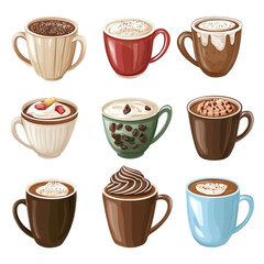 Obraz premium Nine delicious hot drinks in colorful mugs a delightful collection of coffee cocoa and more