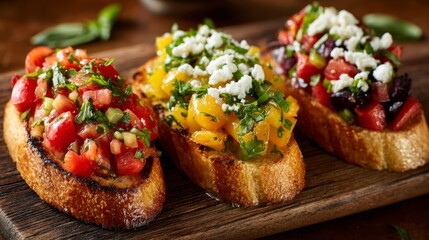 Trio of colorful bruschetta with various toppings
