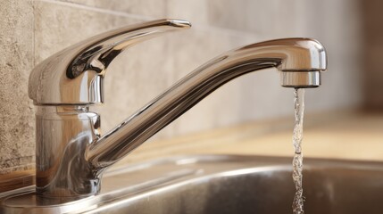 Modern chrome faucet with running water in kitchen sink close up shot of tap and stream for hygiene and cleanliness