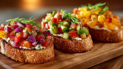 Trio of colorful bruschetta with various toppings