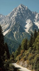 Obraz premium Majestic Mountain Peak above Forest Road in Austrian Alps, Vertical Shot, Sunny Day, Scenic Landscape, Adventure Travel Destination