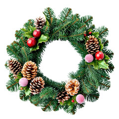 Festive Christmas wreath made of green pine branches decorated with pinecones red and pink ornaments on a white background for holiday celebration