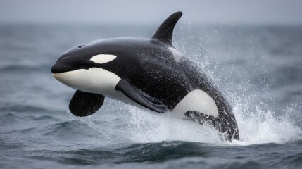 Fototapeta premium Orca Breaching Surface in Ocean Waters Close Up View of Killer Whale Leaping Out of Water in Alaska
