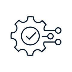 Gear, check mark. Concept of technology development, innovation, system integration, technical support. Vector linear icon isolated on white background.