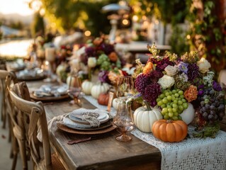 Autumn harvest table centerpiece with pumpkins grapes and flowers outdoor dining event party decoration arrangement at sunset