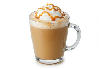 Clear mug filled with coffee topped with whipped cream and caramel drizzle