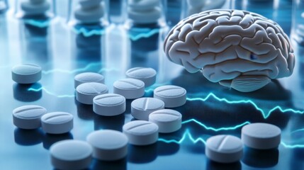 Brain and Tablets on Digital Background with Brain Wave Patterns