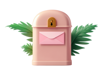 A cute pink mailbox holds a letter with green leaves on white background evoking sweet communication feeling.