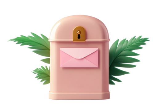A cute pink mailbox holds a letter with green leaves on white background evoking sweet communication feeling.