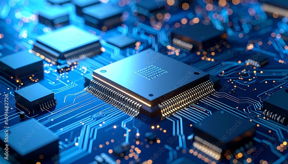 Poster a close-up view of a circuit board featuring a central processor and intricate electronic components