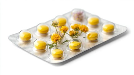 Yellow Allergy Medication Blister Pack with Flowers on White Background