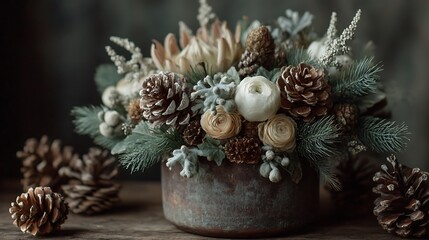 Rustic winter arrangement of flowers and pinecones