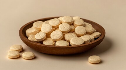 Natural Remedies with Yellow Pills in Wooden Bowl on Beige Surface