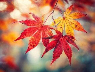 Vibrant Autumn Maple Leaves Displaying Seasonal Color Change Close Up with Bokeh Background in Nature