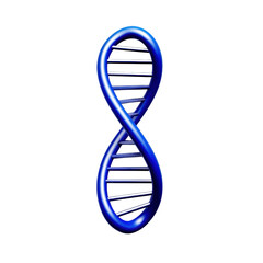 Close-up of a metallic blue DNA helix structure representing science genetics research and molecular biology with a white background