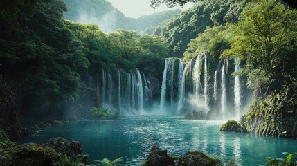 Fototapeta premium Lush cascading waterfalls plunge into a tranquil mountain pool.