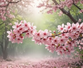 Obraz premium Delicate pink sakura petals drift against a softly blurred spring background , cherry, pastel