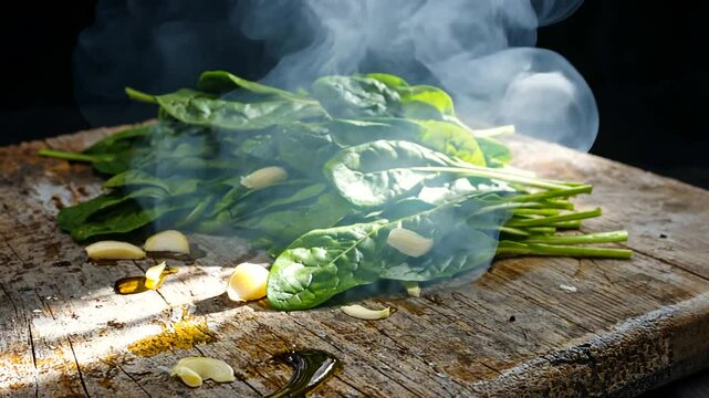 Fresh spinach leaves and garlic cloves on a rustic wooden cutting board with smoke rising