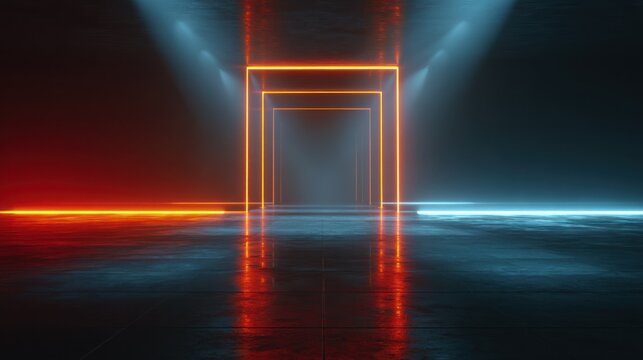 Neon glowing portal in a dark futuristic space - Powered by Adobe