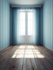 Empty room interior design with blue striped wallpaper and sunlight shining through window onto wood floor