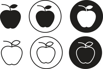 Black apple with leaf flat and outline vectors set. Healthy sweet fruit symbols collection. Food signs. Perfect for eating, education or nature themed designs icons isolated on transparent background.
