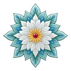 Teal and White Flower Mandala with Ruby Gemstone
