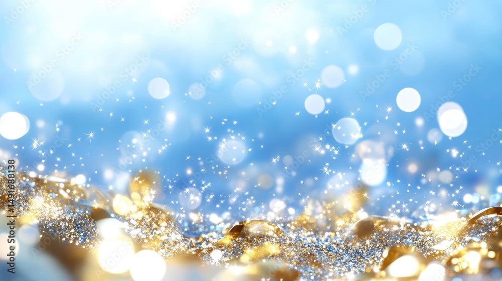 Poster abstract winter background in yellow and blue with tiny star sparkles and soft blur
