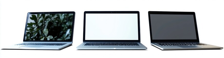 Three modern laptops with varied screens showing plant reflection, bright white blank display, and dark screen on white background