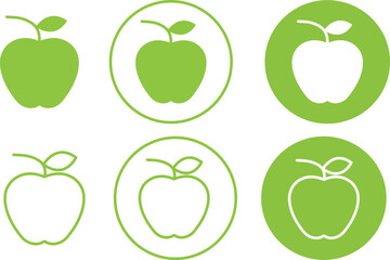 Green apple with leaf flat and outline vectors set. Healthy sweet fruit symbols collection. Food signs. Perfect for eating, education or nature themed designs icons isolated on transparent background.