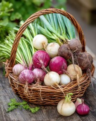 Freshly Harvested Root Vegetables in Wicker Basket on Rustic Wood Tabletop Close Up Still Life Agricultural Bounty