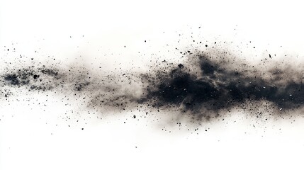 Abstract black powder explosion on white background; dynamic, textured, and high-resolution