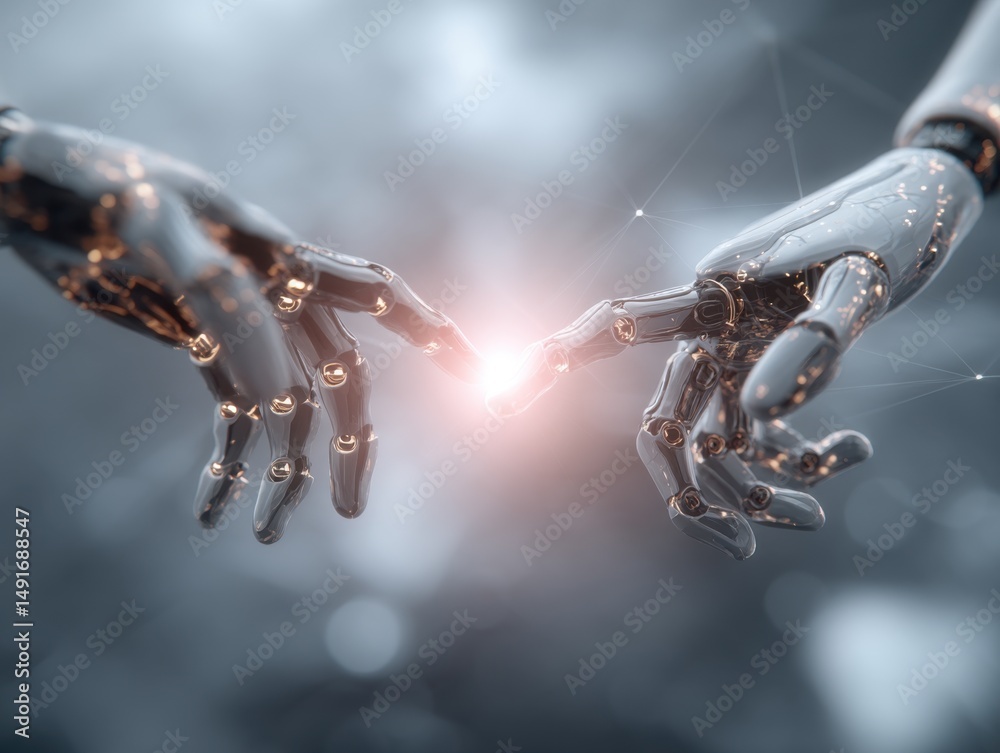 Poster robot hands touching fingers in futuristic style representing artificial intelligence and connection