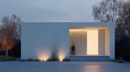Obraz premium Modern minimalist house with warm lighting at dusk.