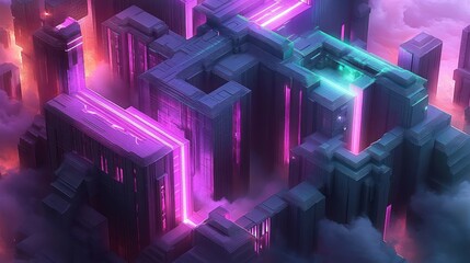Futuristic glowing cityscape with towering block structures emitting vibrant pink and purple neon light surrounded by clouds and a moody sky