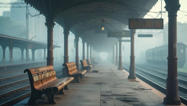 Foggy, abandoned train station platform with vintage benches.