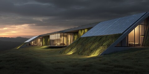 Fototapeta premium Earth Shelter Oasis Modern Home Blends with Nature at Sunset.
