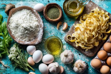 Preparing Homemade Pasta Ingredients Overhead Shot on Rustic Turquoise Surface Flour Eggs Olive Oil Garlic Herbs