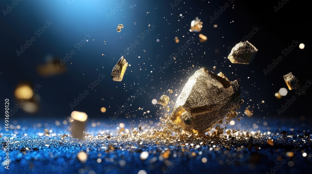 Poster blue and gold particle mist in motion, creating a celebratory yet elegant visual tone