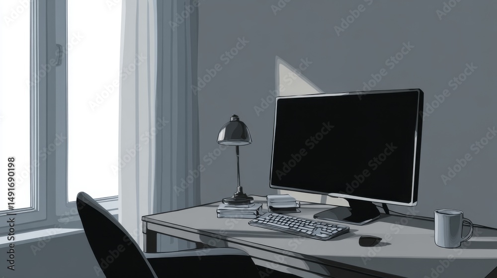 Poster illustration of a desk setup with computer monitor lamp keyboard and mug in a home office workspace 