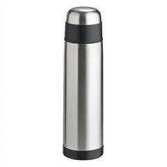 Stainless Steel Thermos Bottle with Black Accents on White Background