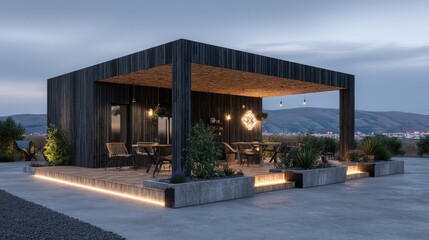 Modern Wooden Pavilion at Dusk Serene Outdoor Living.