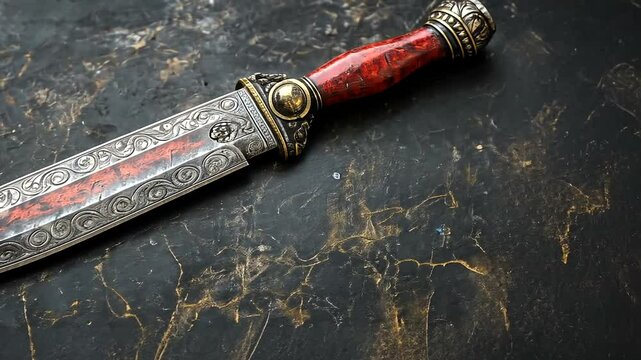 Ornate dagger with intricate designs resting on a dark marble surface, showcasing craftsmanship