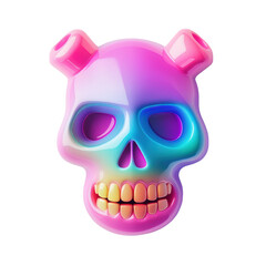 A glossy candy skull with vibrant neon colors and rounded horns smiles on a clean white background design.