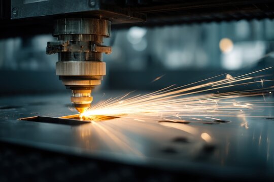 Metal laser cutting machine in action close up industrial manufacturing process with sparks and precision