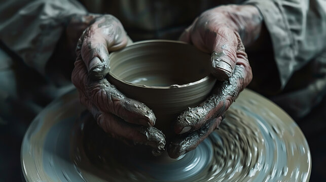 Potter at work, hands of a potter. clay crafting forming shape of an earthenware with increasing speed of the pottery wheel in action ceramic craftsmanship.