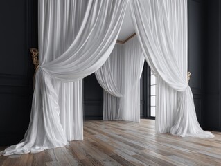 Interior view of elegant room with flowing white curtains and dark walls, luxury design, interior photography