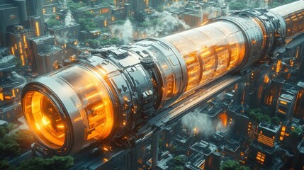 Futuristic transportation system above a dense urban landscape.  A glowing, mechanical tube-shaped train glides effortlessly through a complex cityscape