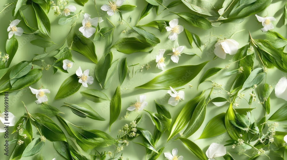 Poster botanical repeat with soft leaves and wax flowers, simple and natural pattern