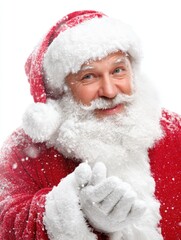 Santa Claus in red suit posing cheerfully in fresh white snow during daytime winter outdoors.