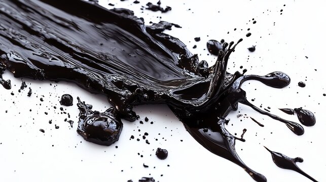 Abstract image of thick, dark liquid splatter on a white background, showcasing dynamic texture and fluid movement